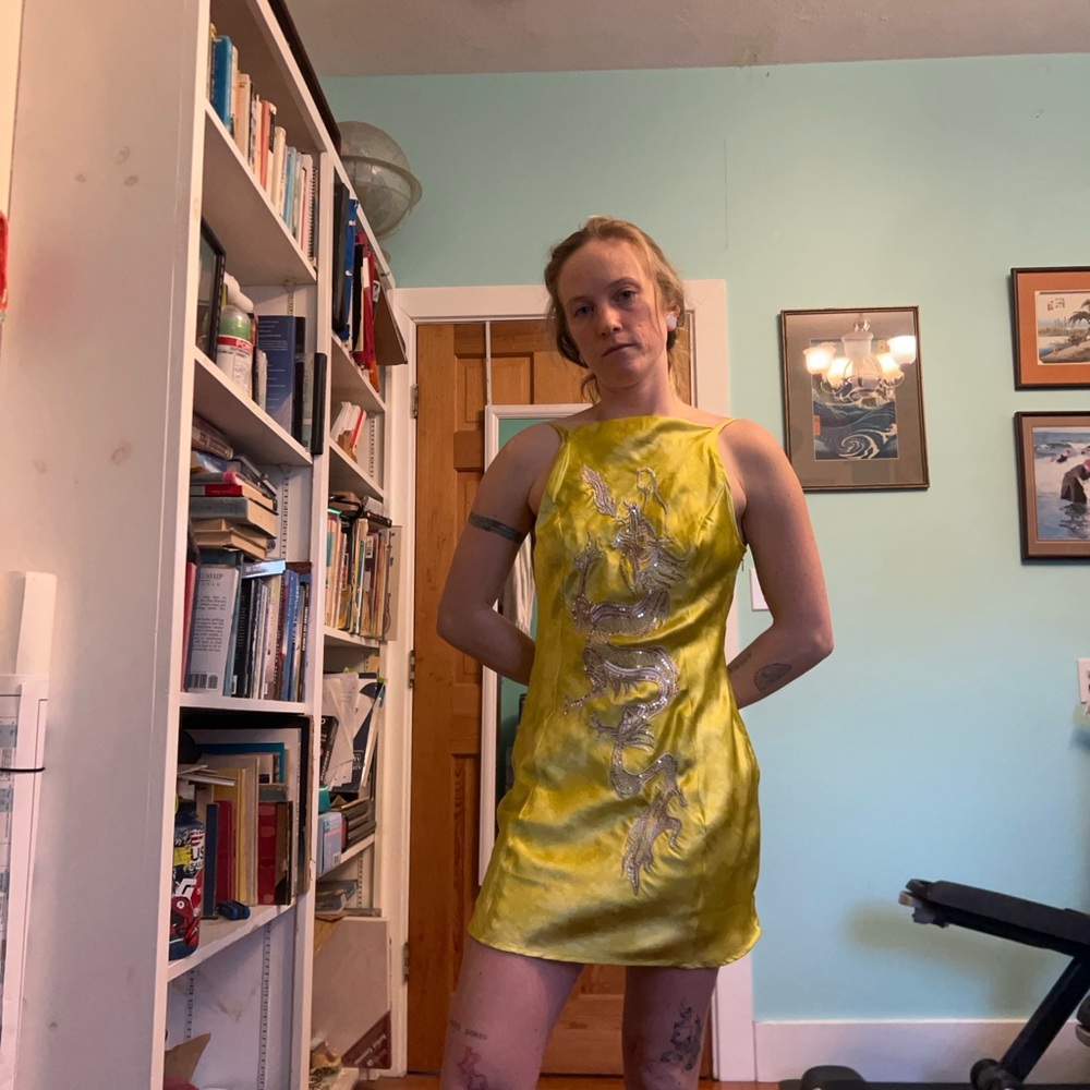 Yellow Satin Dress with Silver Embroidery